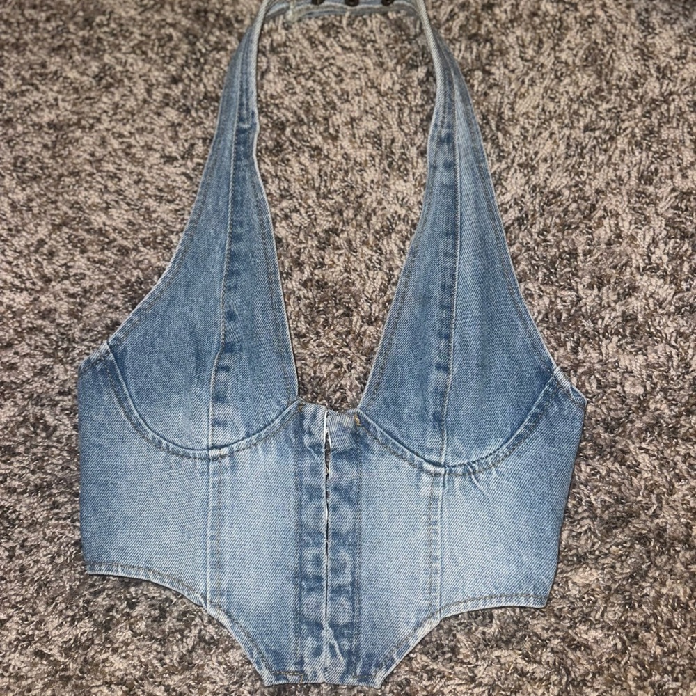 Edikted Blue Denim Halter Tank Top